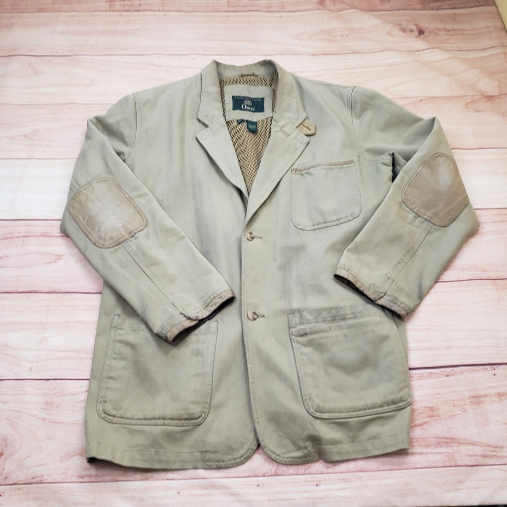 Orvis Jacket Mens Tall M Khaki Beige Twill‎ Field Coat Leather Elbow Patches